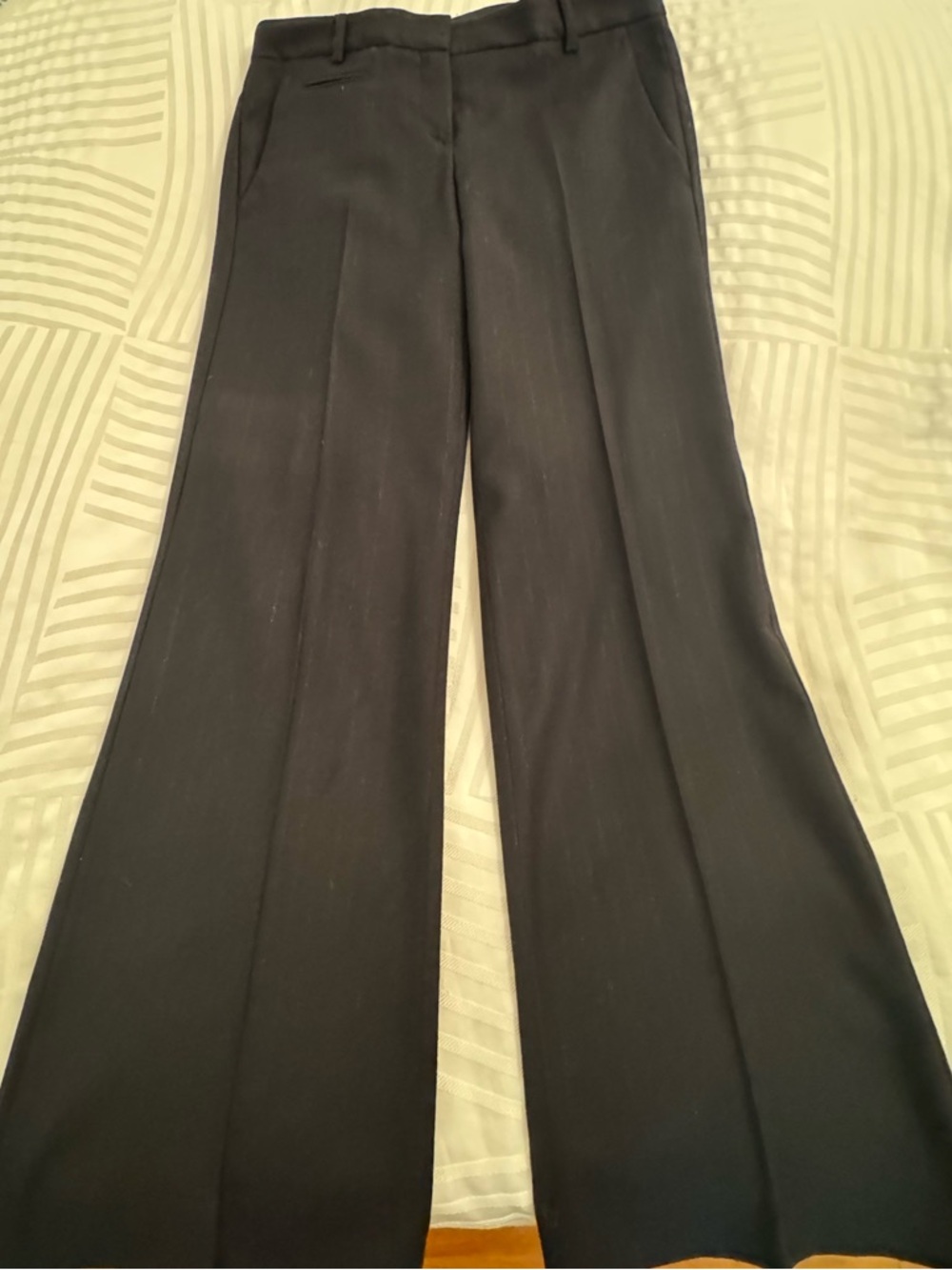 Theory Black Wide-Leg Wool Dress Pants with Subtle Silver Pinstripes, Size 6